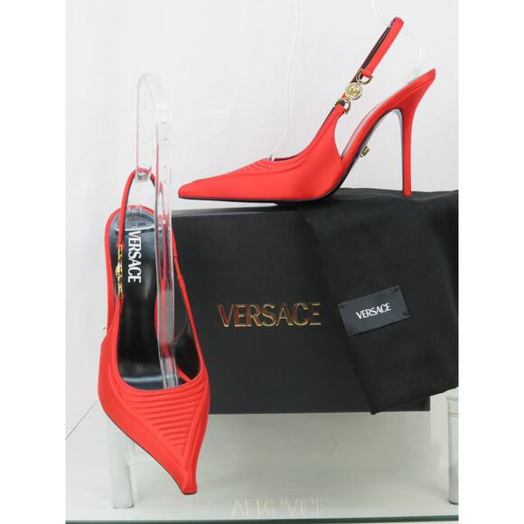 NIB VERSACE CORSET RED SATIN GOLD MEDUSA SANDALS HIGH HEEL PUMPS 40 10 ITALY - Picture 1 of 12
